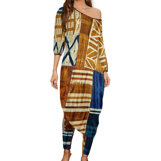 KatiKati - Womens - Diagonal Shoulder - Kurta - Kurti - Two Piece Set - African - Mud Cloth Pattern