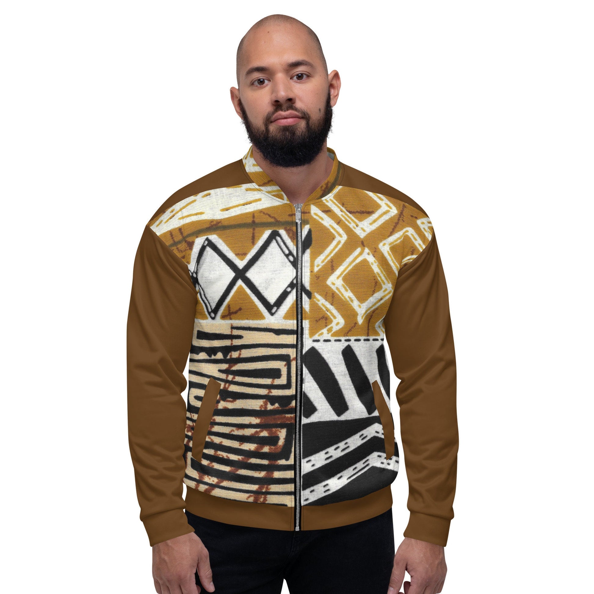 Trible Print Men&#39;s Bomber Jacket. Tan and Brown