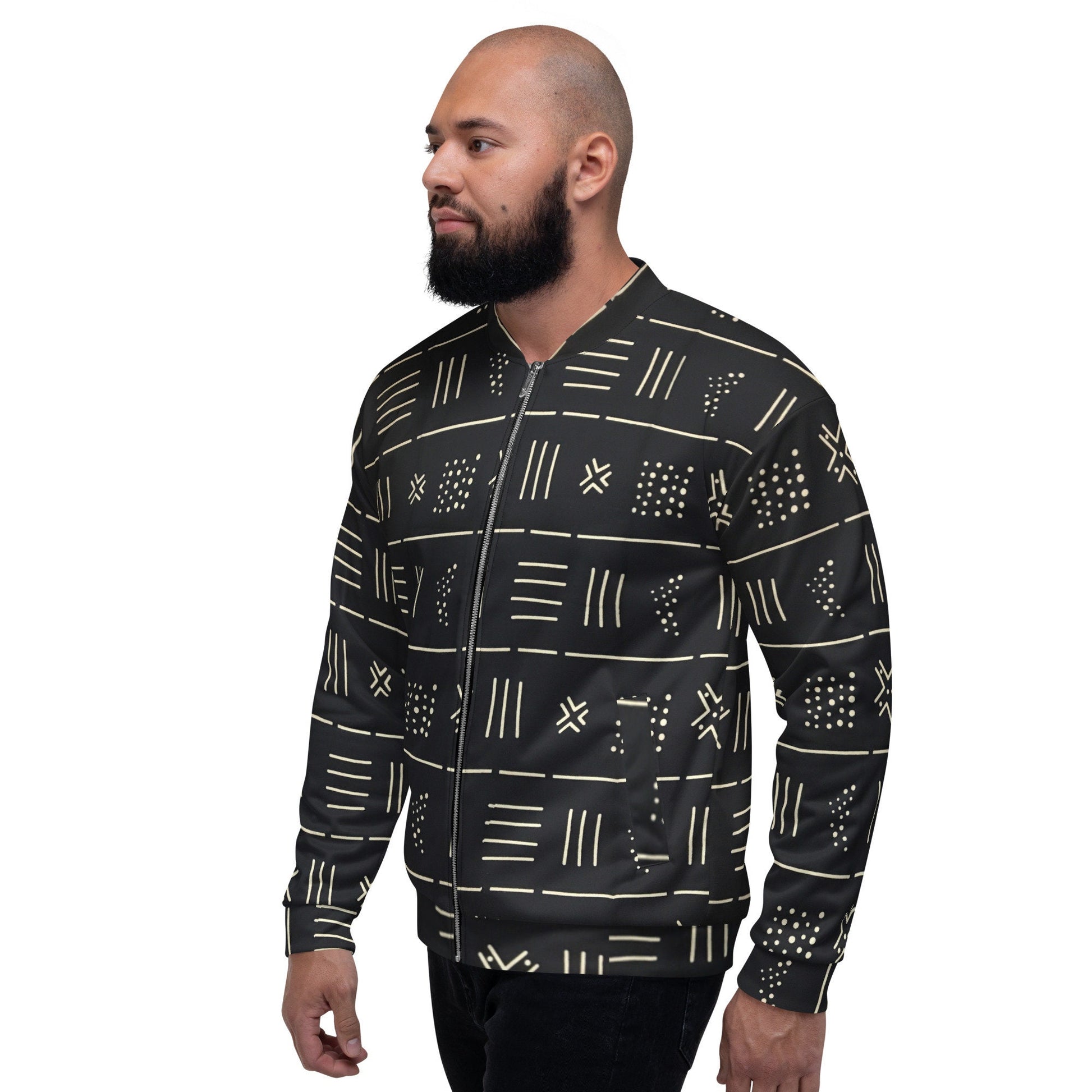 Trible Print Men&#39;s Bomber Jacket Navy Blue