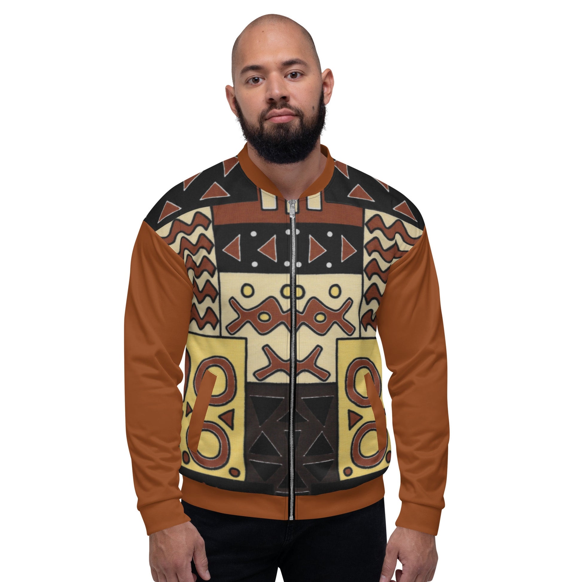 Afrocentric Tan/ Brown Trible Print Mens Bomber Jacket