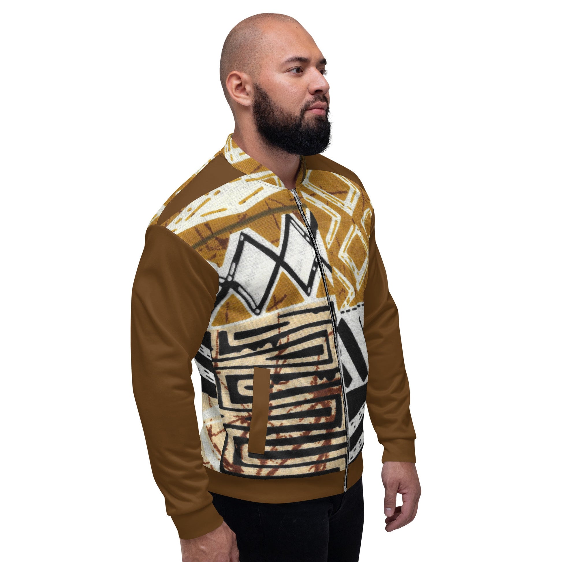 Trible Print Men&#39;s Bomber Jacket. Tan and Brown