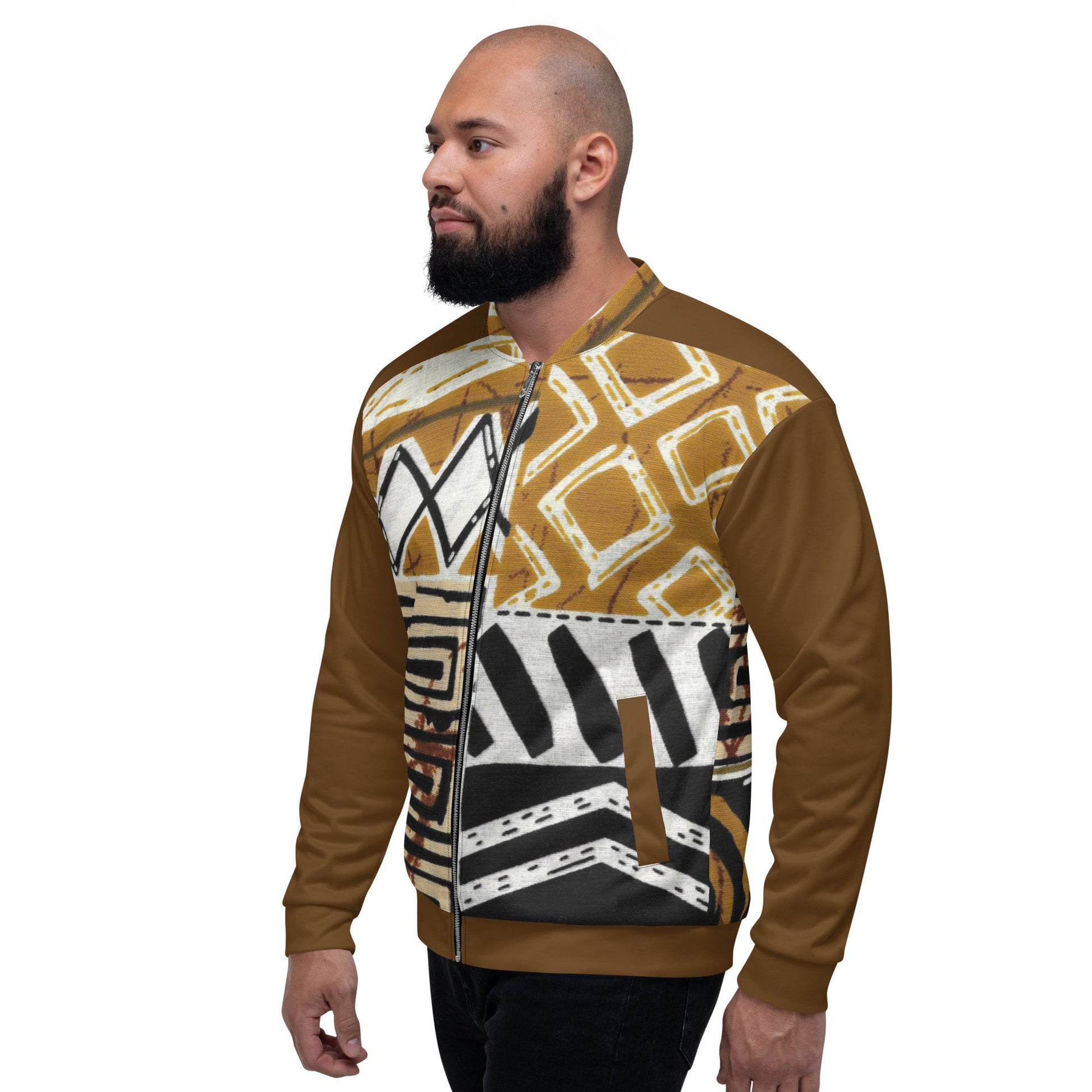 Trible Print Men&#39;s Bomber Jacket. Tan and Brown