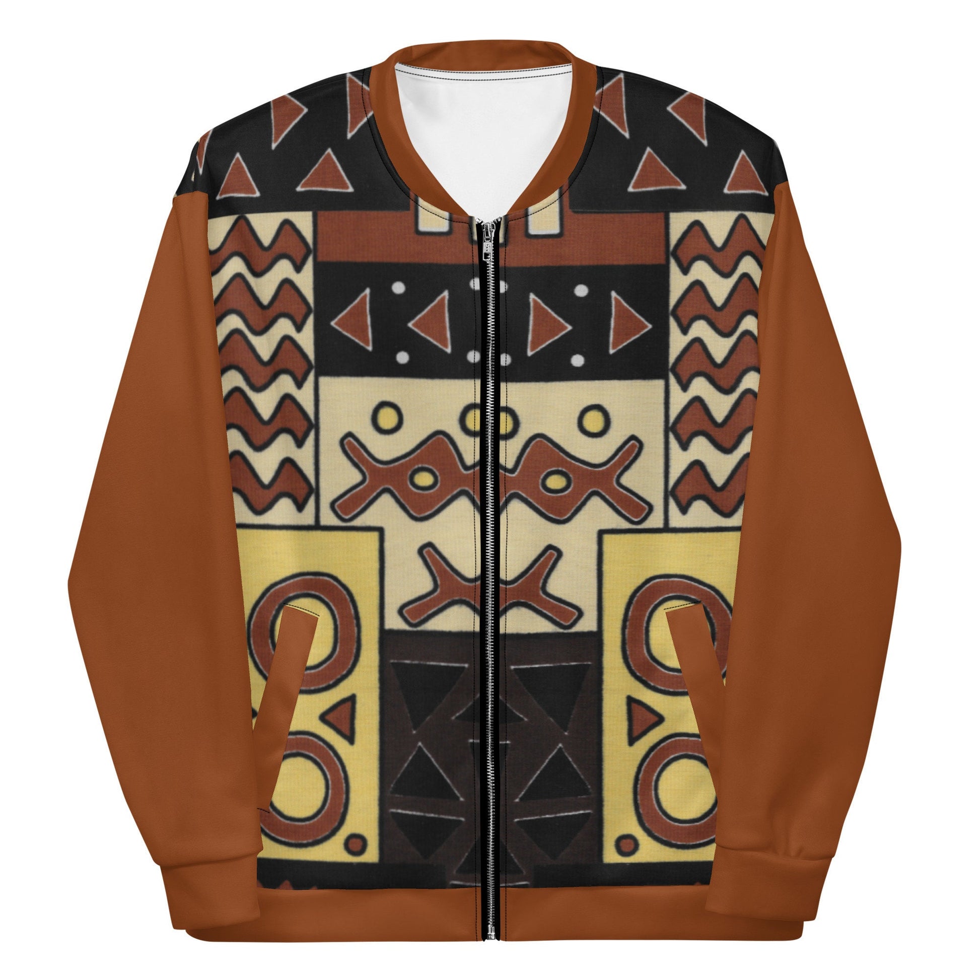 Afrocentric Tan/ Brown Trible Print Mens Bomber Jacket