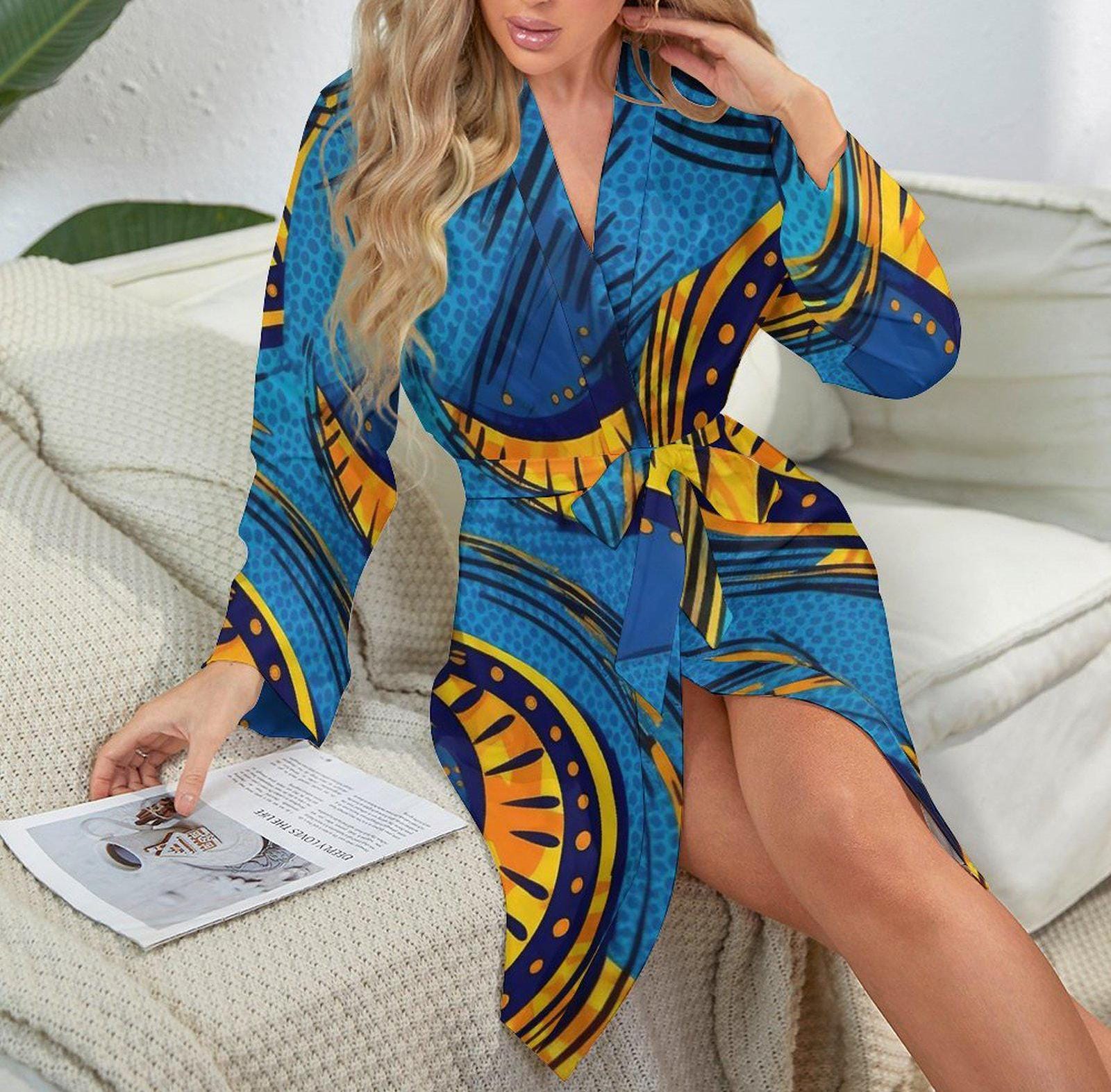 Blue Lagoon - Womens - Long Sleeve Robe - African - Ankara Pattern - Robes - KumbatiaKulture