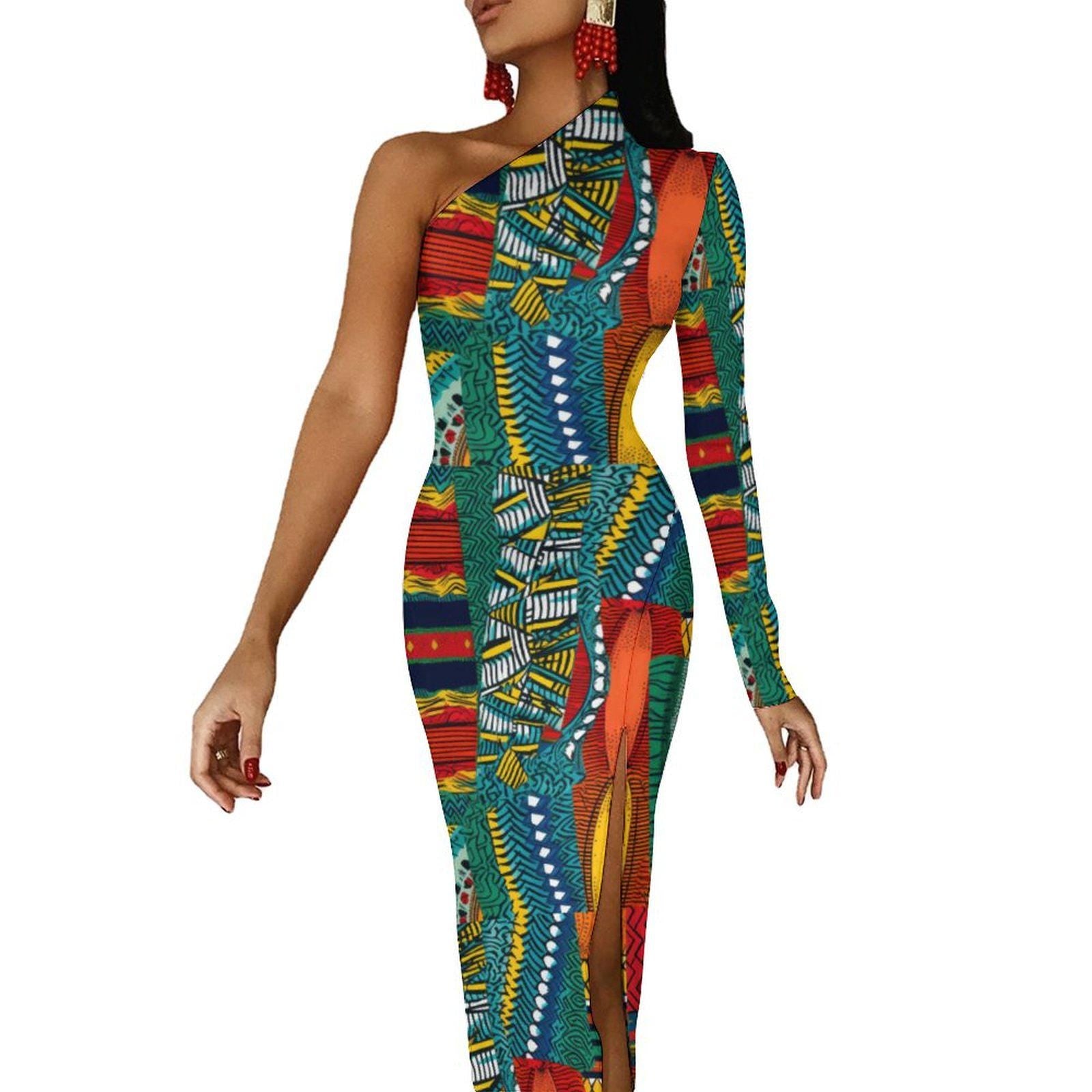 Collage Art - Womens - One Shoulder Split Dress - African - Ankara Pattern - Dresses - KumbatiaKulture