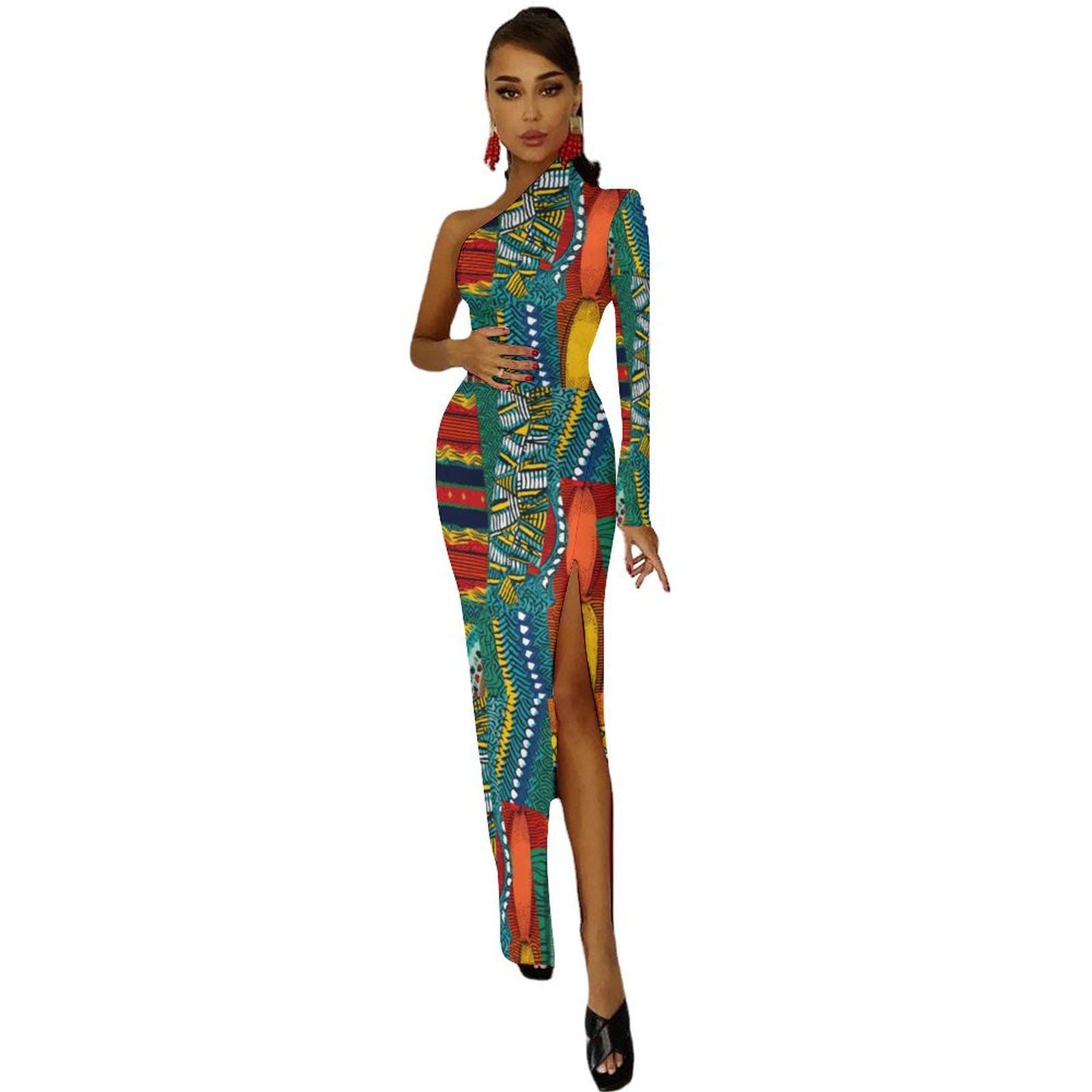 Collage Art - Womens - One Shoulder Split Dress - African - Ankara Pattern - Dresses - KumbatiaKulture