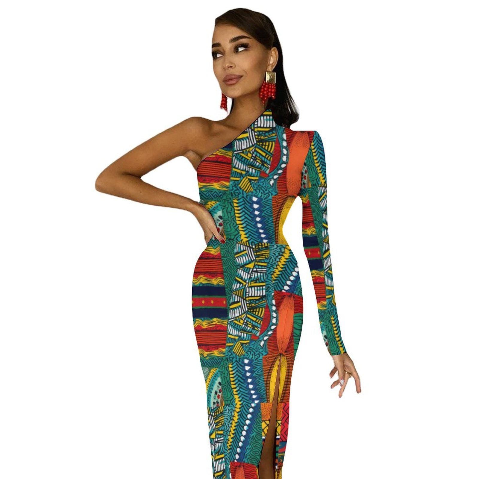 Collage Art - Womens - One Shoulder Split Dress - African - Ankara Pattern - Dresses - KumbatiaKulture