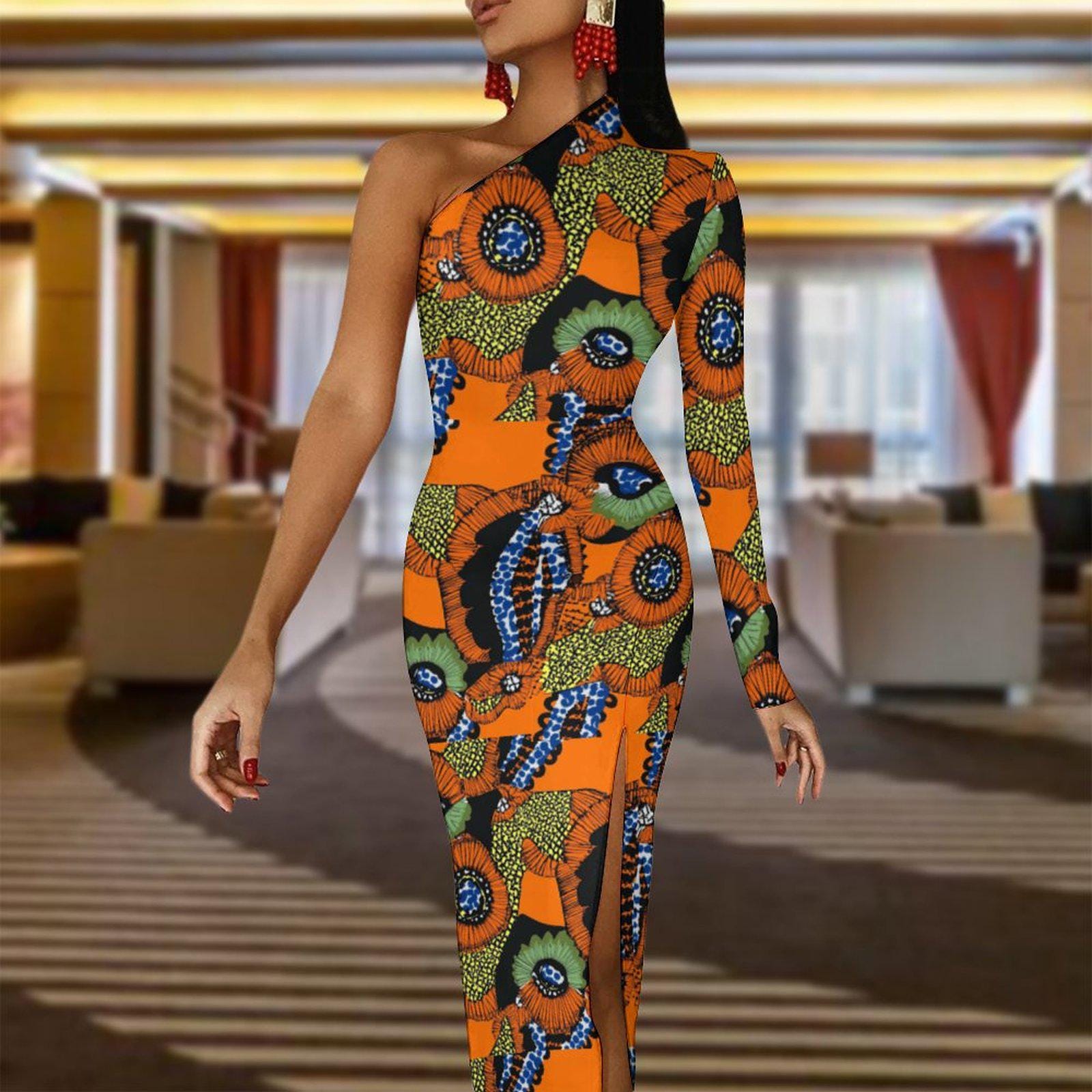 Garden Snake - Womens - One Shoulder Split Dress - African - Ankara Pattern - Dresses - KumbatiaKulture