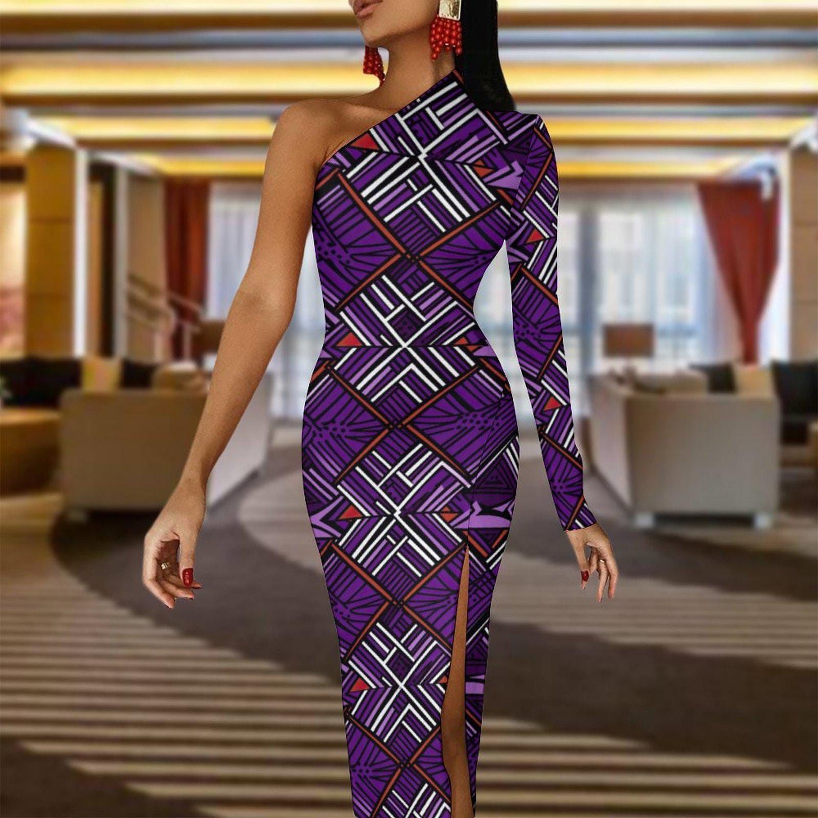 Purple Beauty - Womens - One Shoulder Split Dress - African - Ankara Pattern - Dresses - KumbatiaKulture