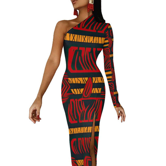 Red Velvet - Womens - One Shoulder Split Dress - African - Ankara Pattern - Dresses - KumbatiaKulture