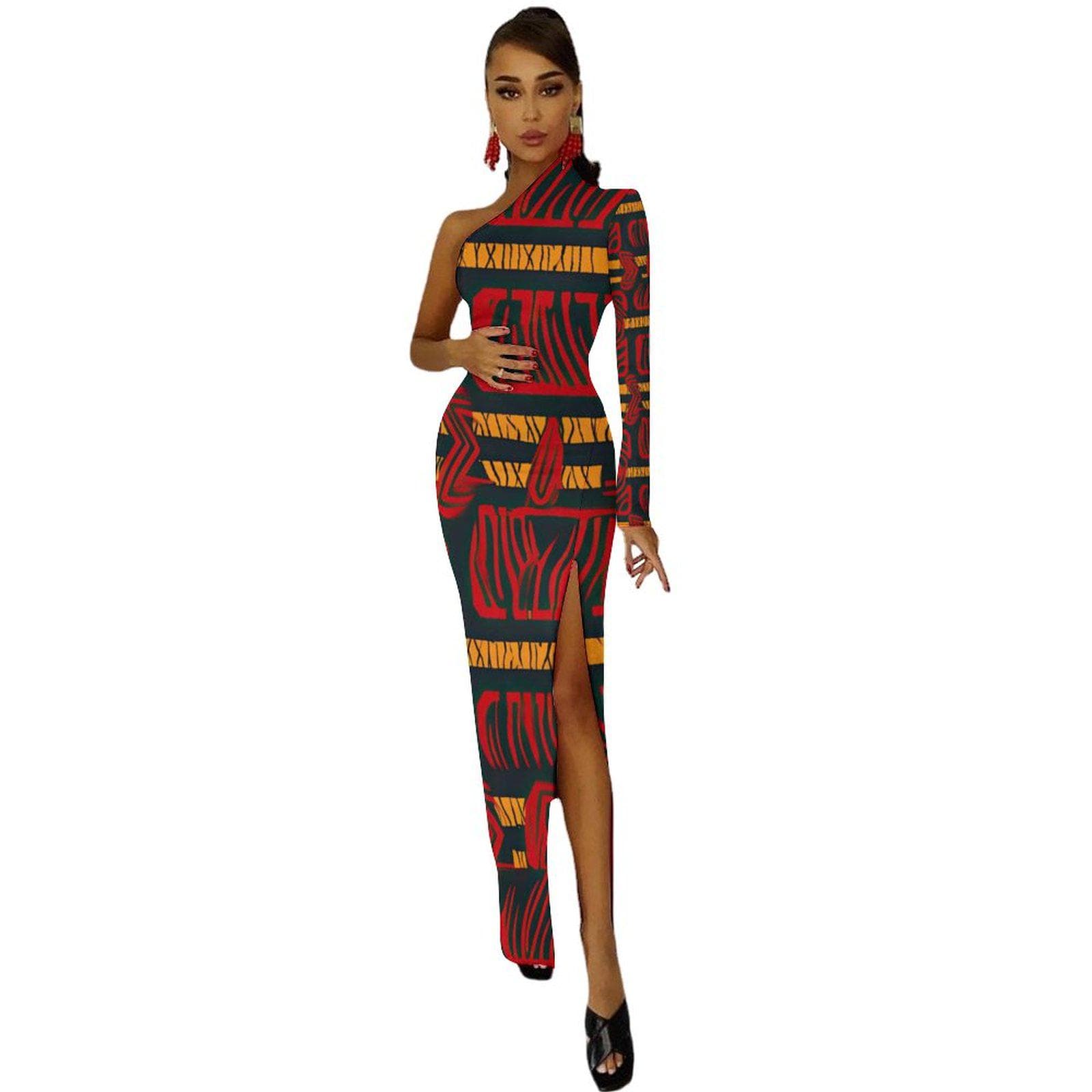 Red Velvet - Womens - One Shoulder Split Dress - African - Ankara Pattern - Dresses - KumbatiaKulture