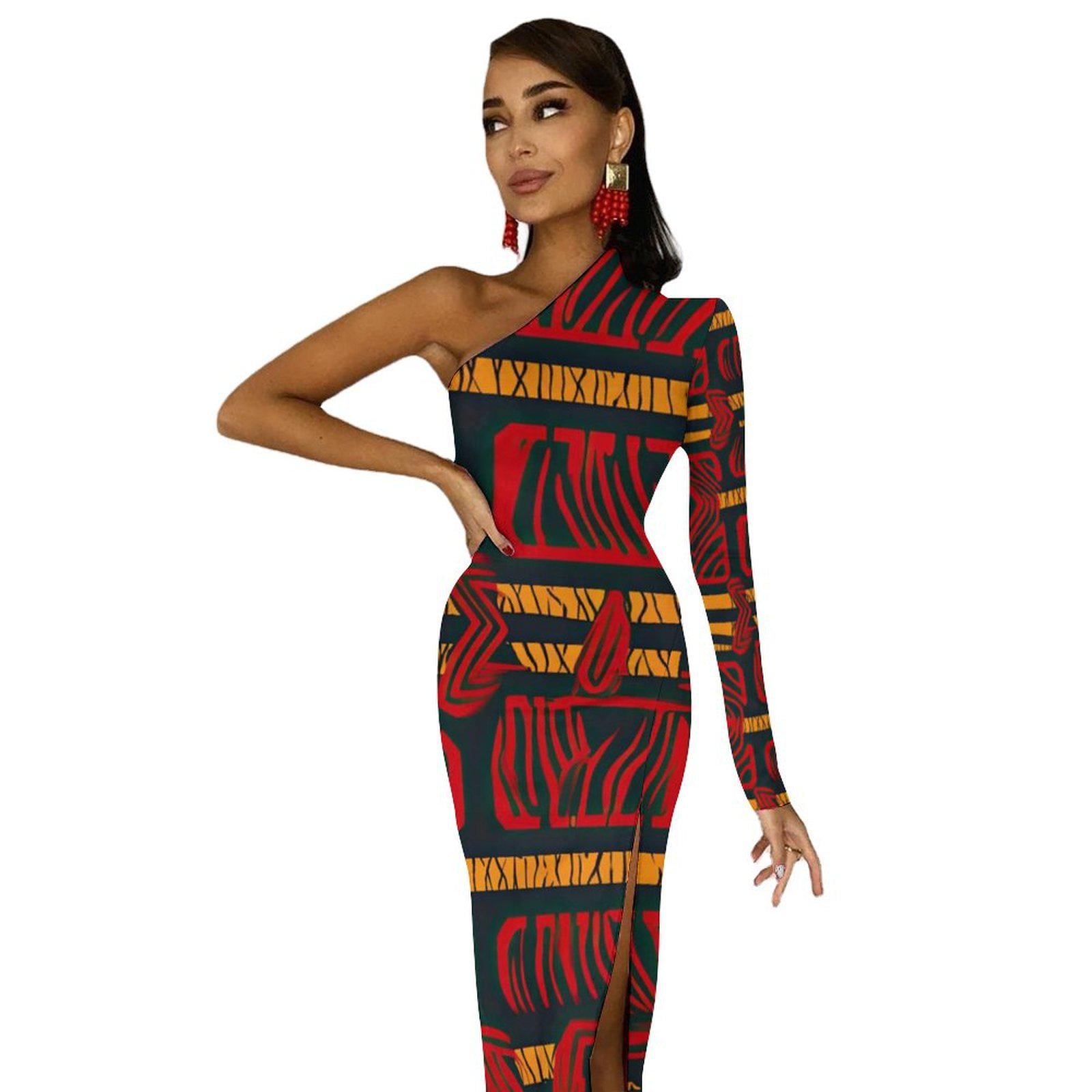 Red Velvet - Womens - One Shoulder Split Dress - African - Ankara Pattern - Dresses - KumbatiaKulture