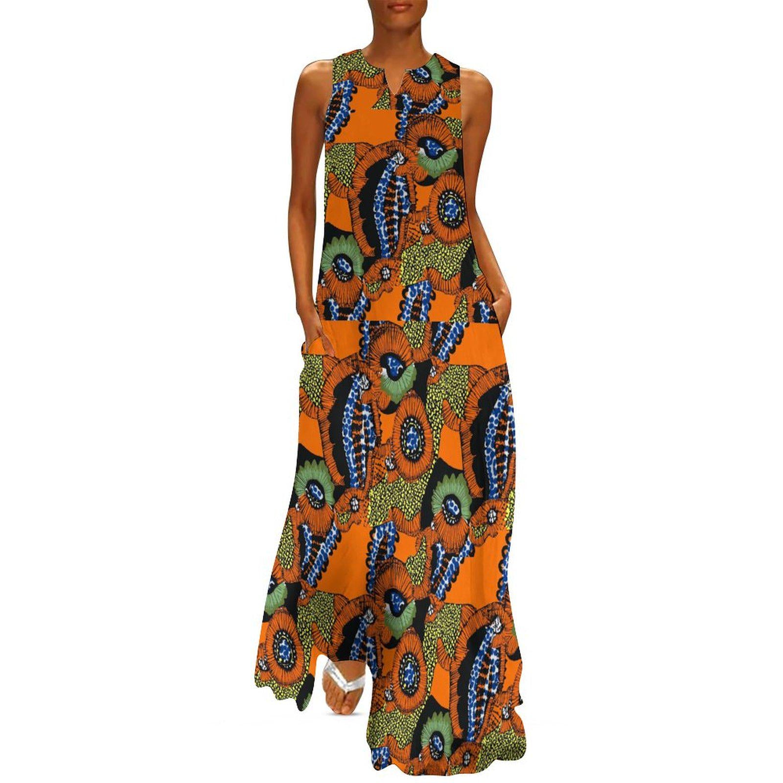 Orange Envy - Womens - Sleeveless Ankle-length Dress - African - Ankara Pattern - Dresses - KumbatiaKulture