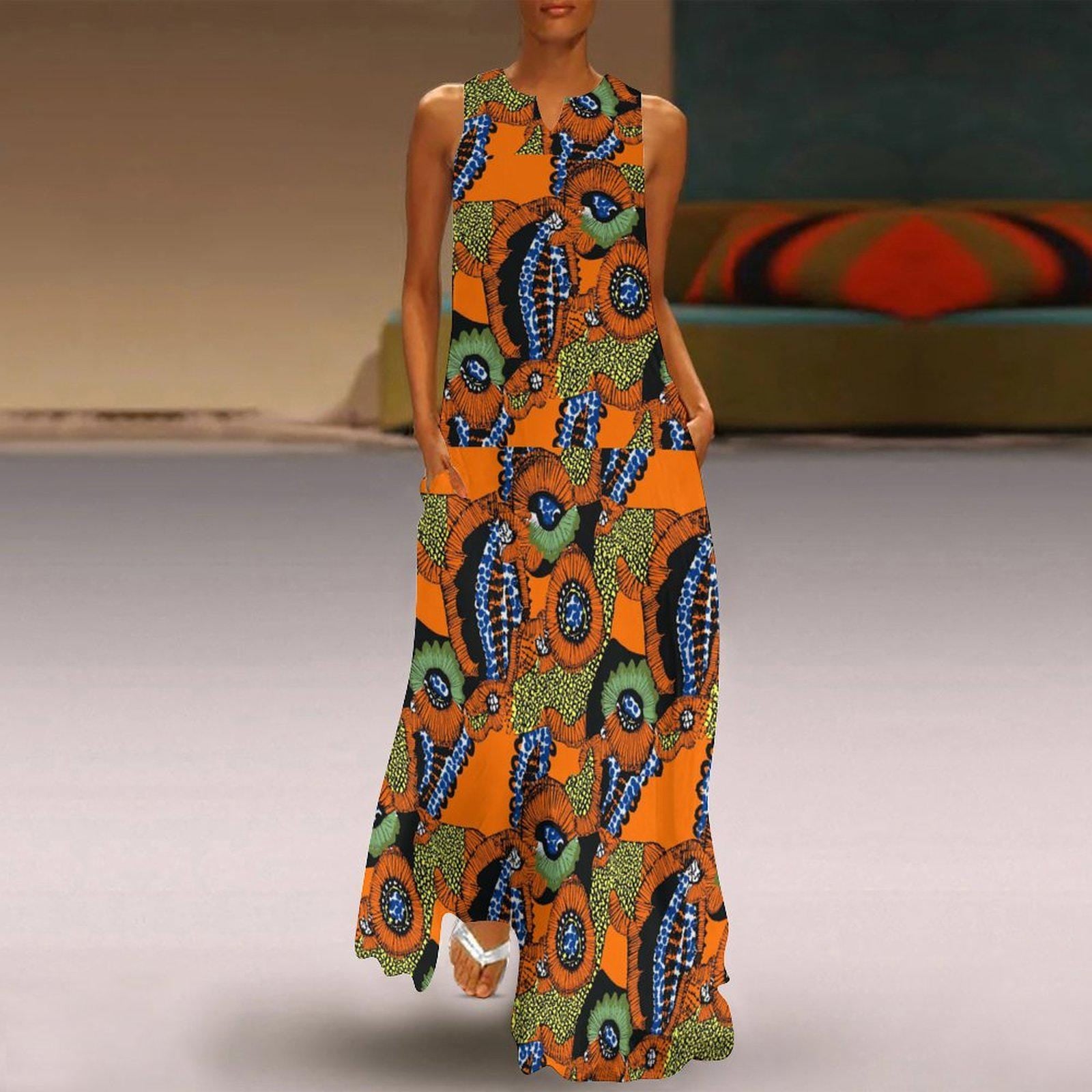 Orange Envy - Womens - Sleeveless Ankle-length Dress - African - Ankara Pattern - Dresses - KumbatiaKulture