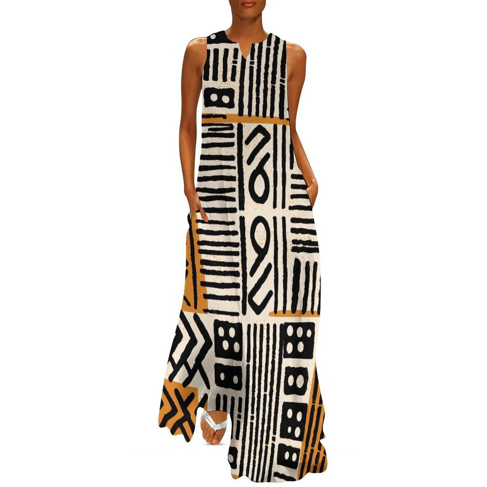 Afrocentric - Womens - Sleeveless Ankle-length Dress - African - Mud Cloth Pattern - Dresses - KumbatiaKulture