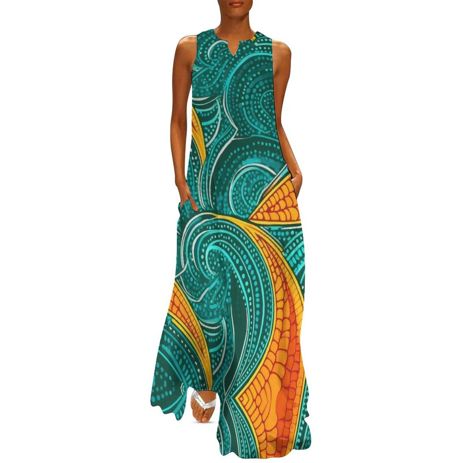 Catch a Wave - Womens - Sleeveless Long Length Dress - African - Ankara pattern - Dresses - KumbatiaKulture