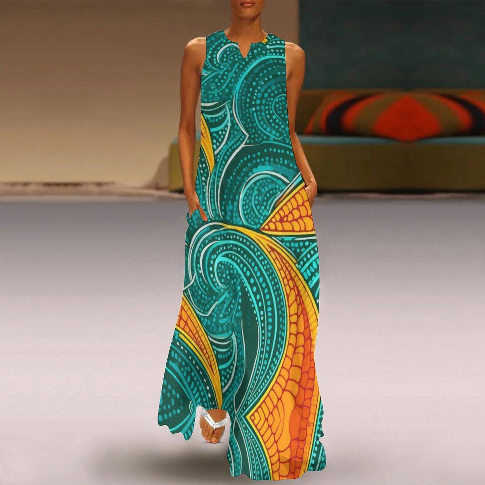 Catch a Wave - Womens - Sleeveless Long Length Dress - African - Ankara pattern - Dresses - KumbatiaKulture