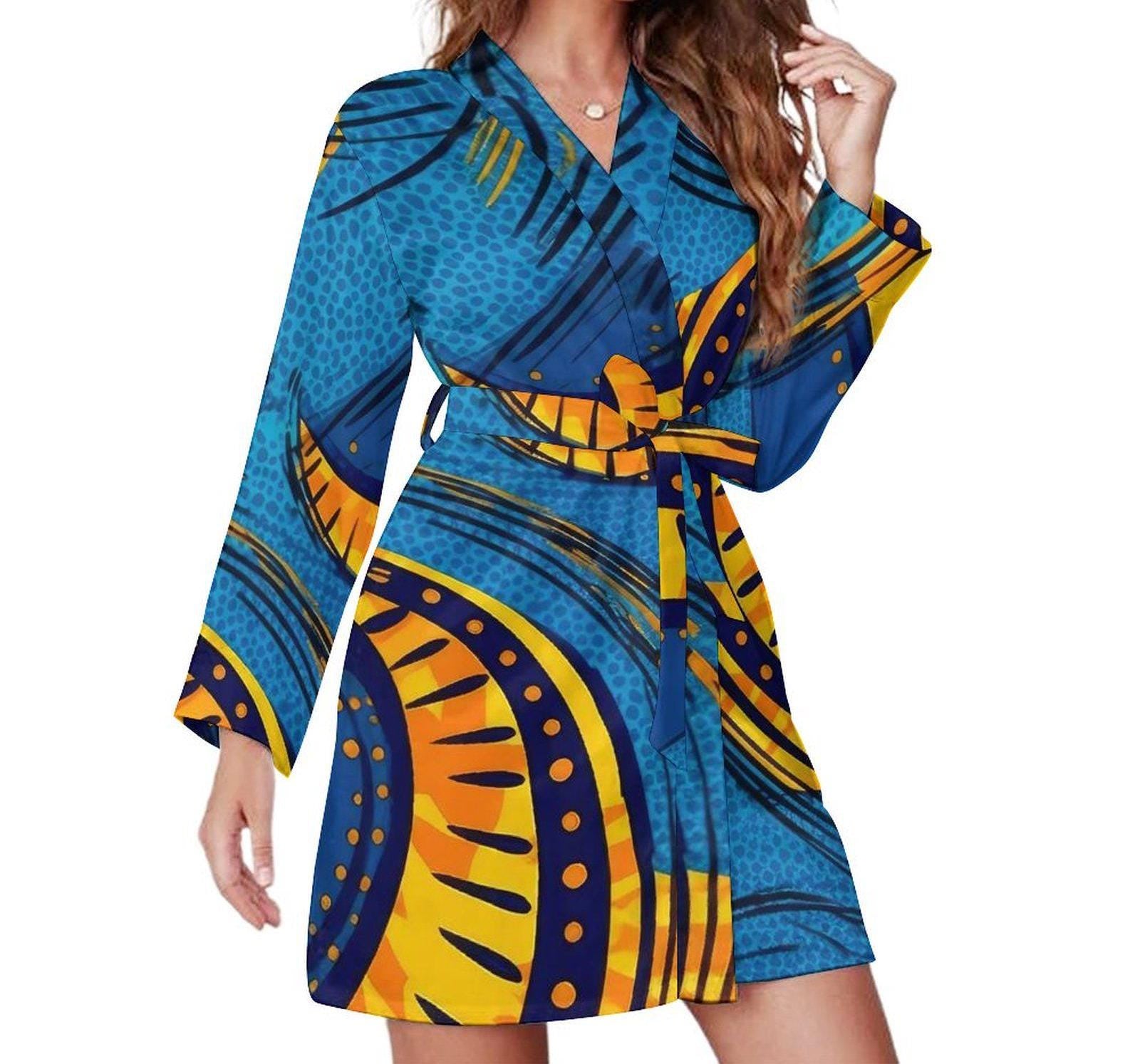 Blue Lagoon - Womens - Long Sleeve Robe - African - Ankara Pattern - Robes - KumbatiaKulture