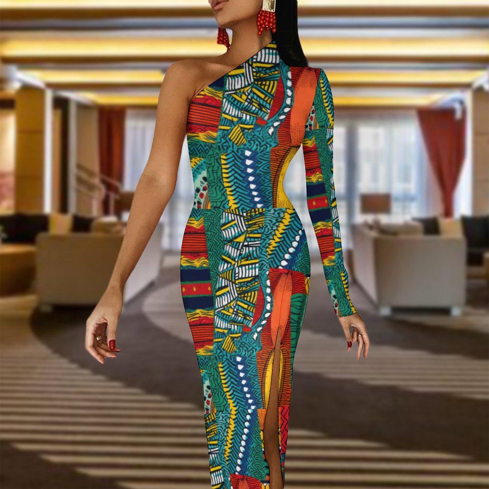 Collage Art - Womens - One Shoulder Split Dress - African - Ankara Pattern - Dresses - KumbatiaKulture