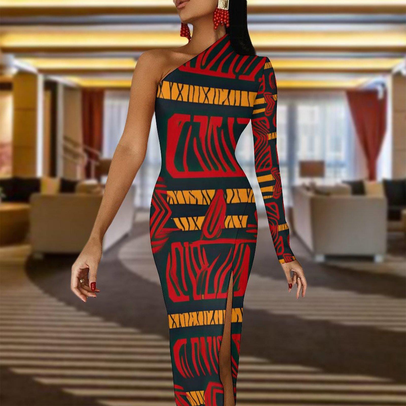 Red Velvet - Womens - One Shoulder Split Dress - African - Ankara Pattern - Dresses - KumbatiaKulture