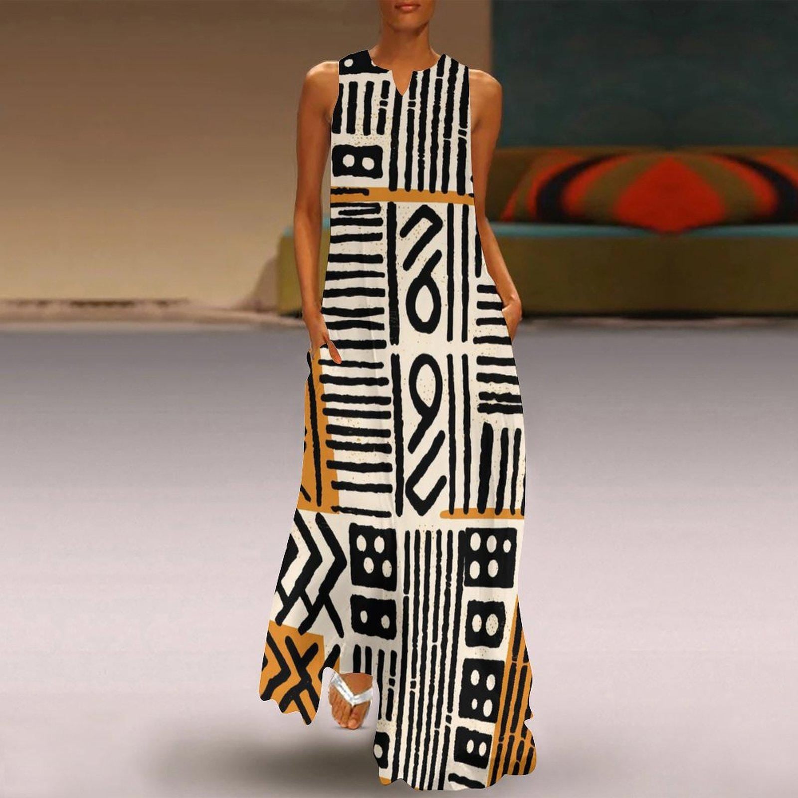 Afrocentric - Womens - Sleeveless Ankle-length Dress - African - Mud Cloth Pattern - Dresses - KumbatiaKulture