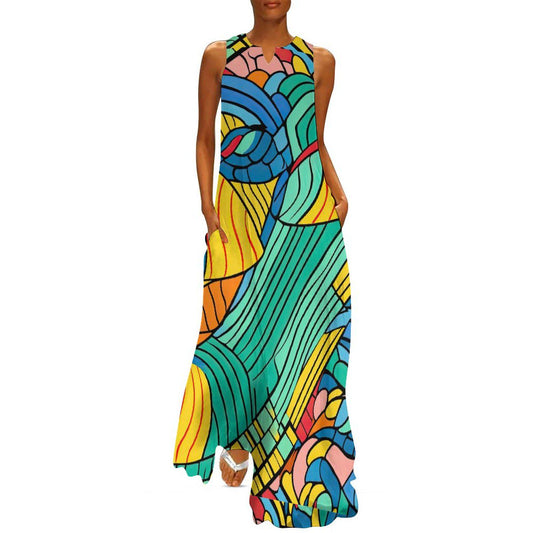 Sleeveless kaftan, long flowing all over Ankara  pattern. Ankle lenght split collar, lounge wear