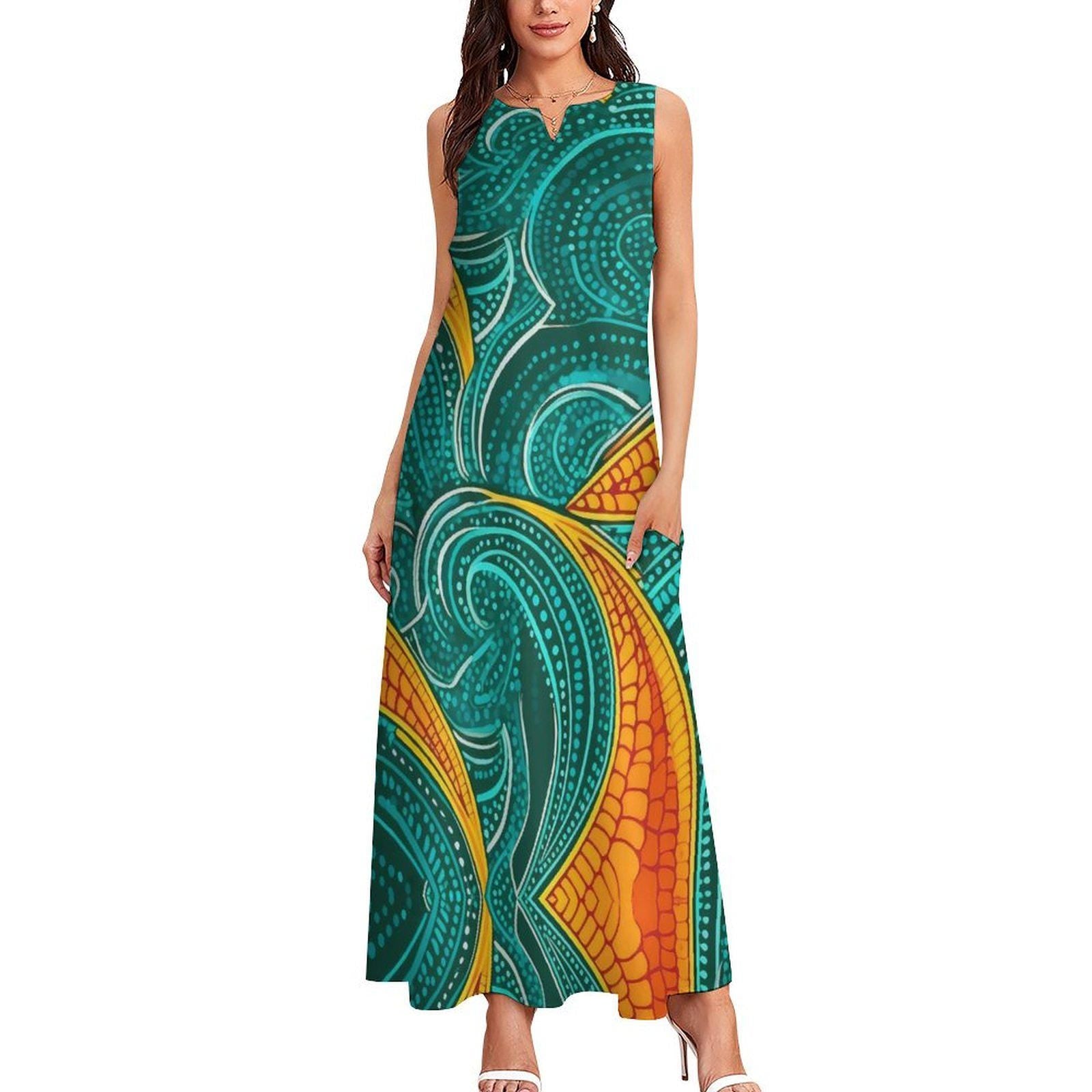 Catch a Wave - Womens - Sleeveless Long Length Dress - African - Ankara pattern - Dresses - KumbatiaKulture