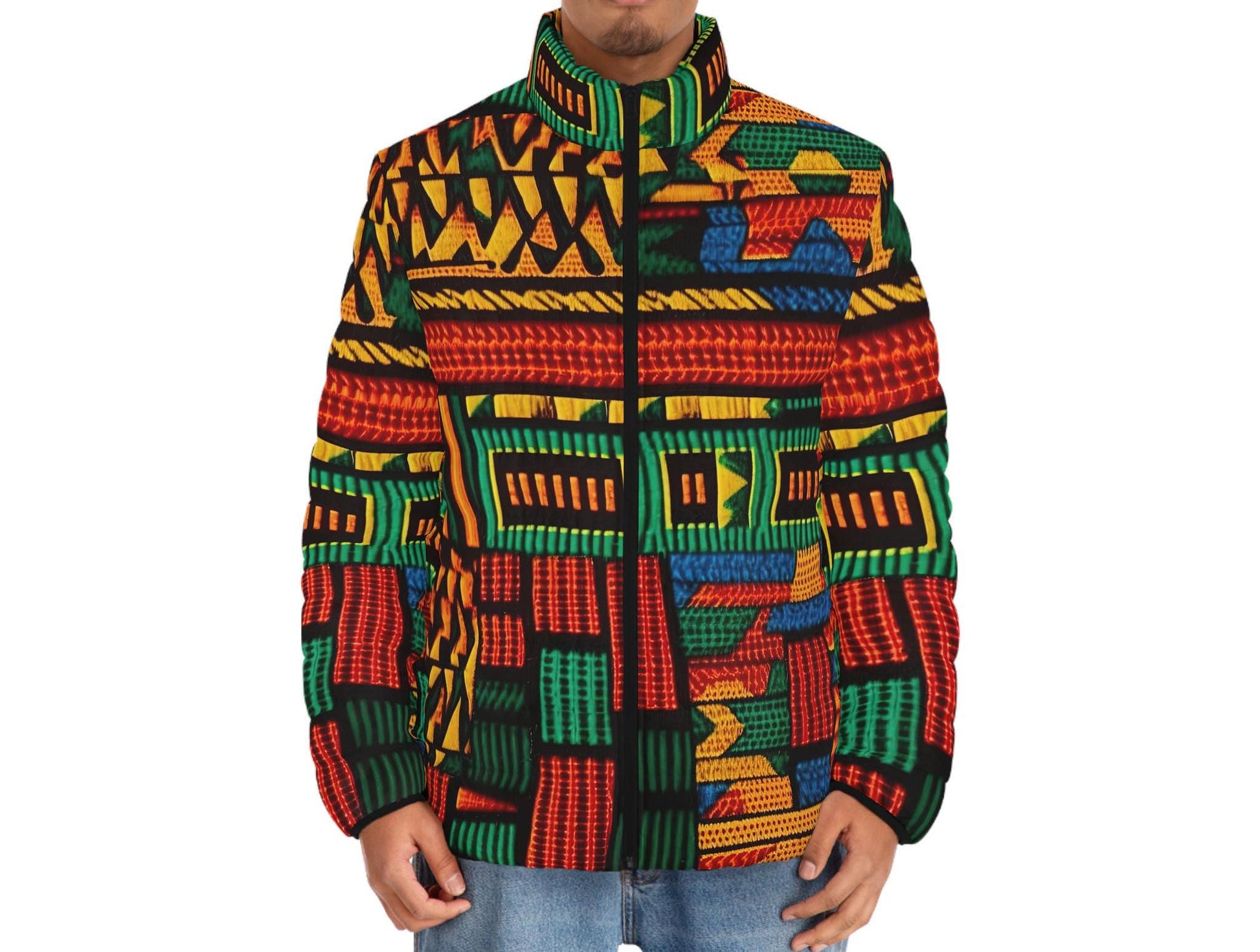 Patch Work -  Men&#39;s -  Puffer Jacket -  African  Mudcloth Pattern