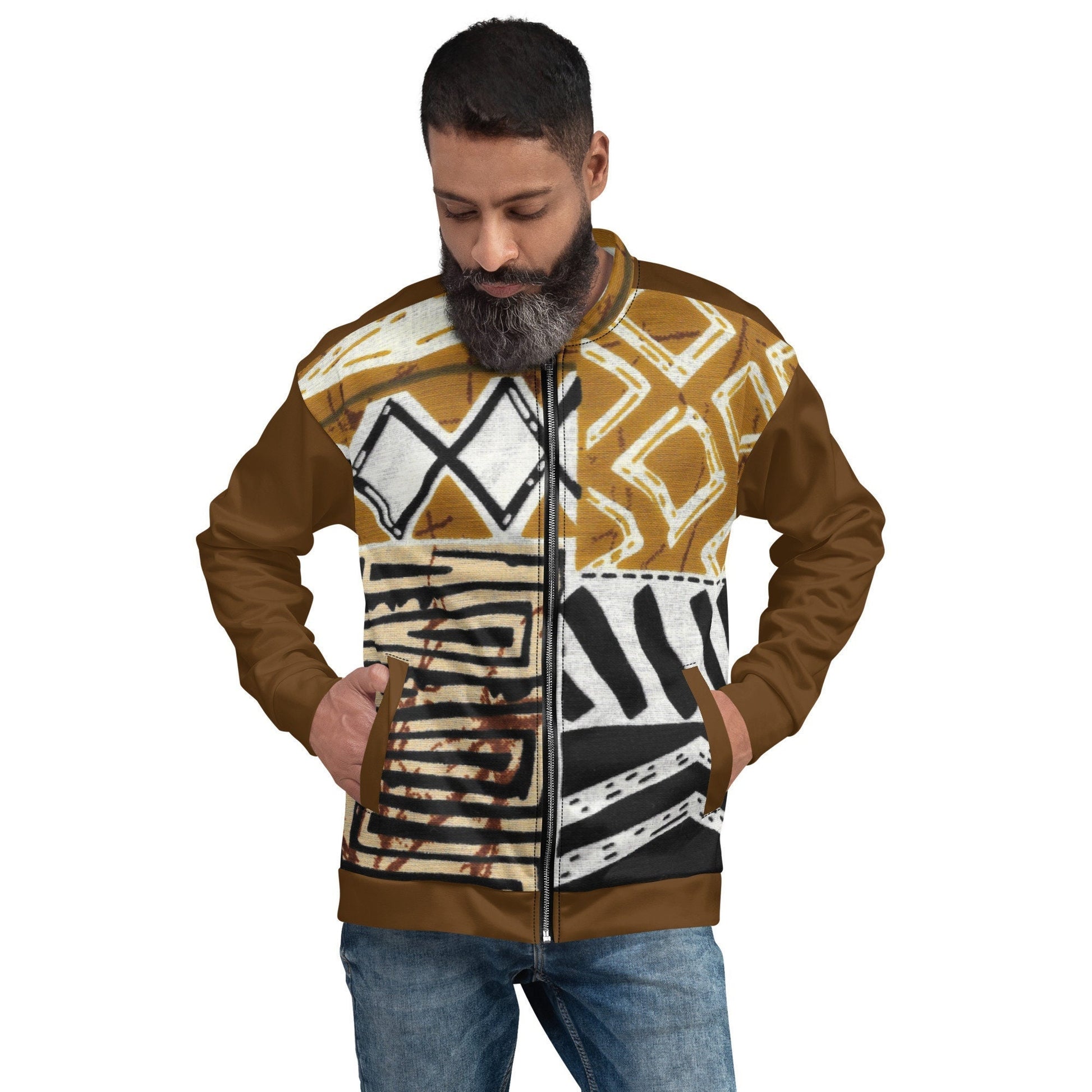 Trible Print Men&#39;s Bomber Jacket. Tan and Brown