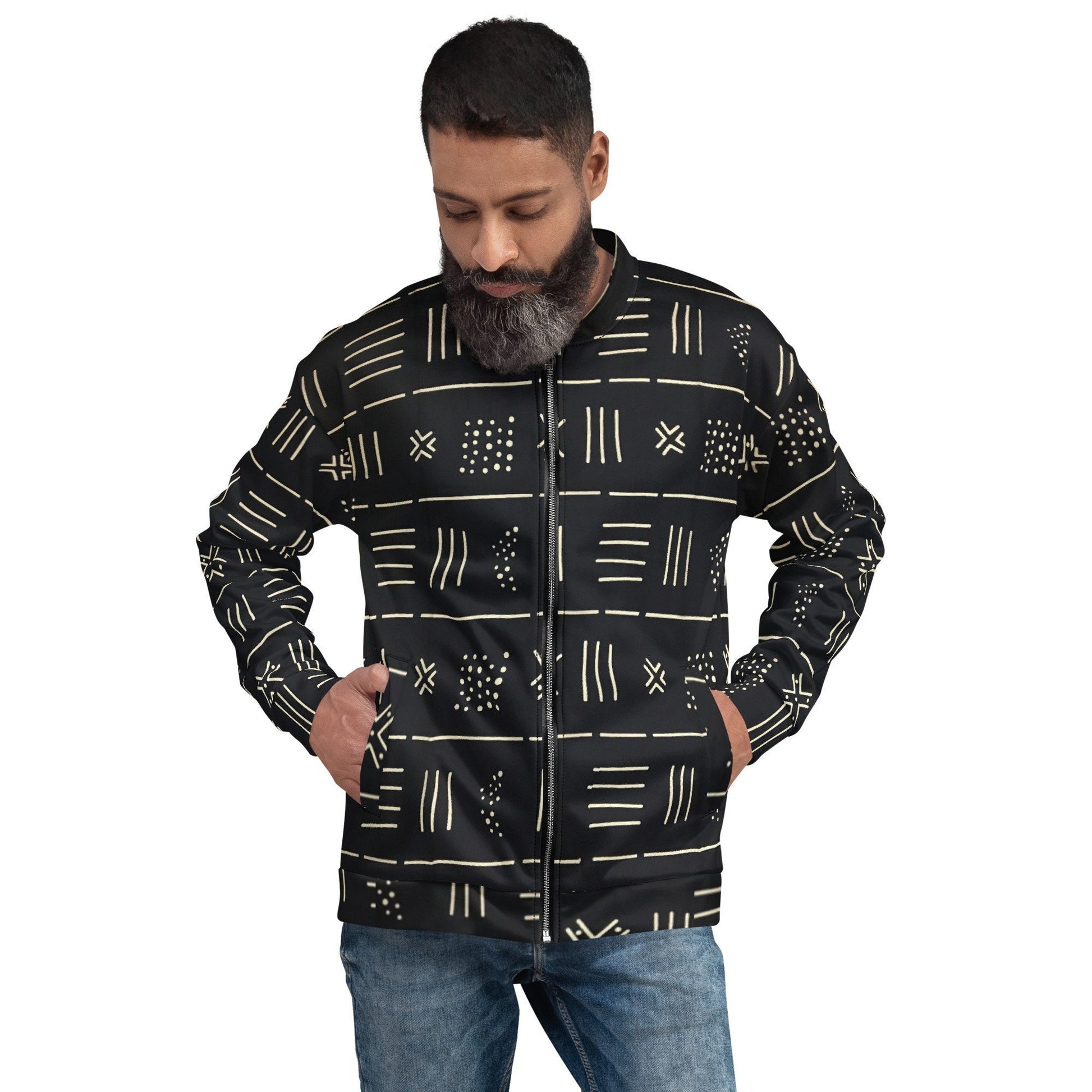 Trible Print Men&#39;s Bomber Jacket Navy Blue