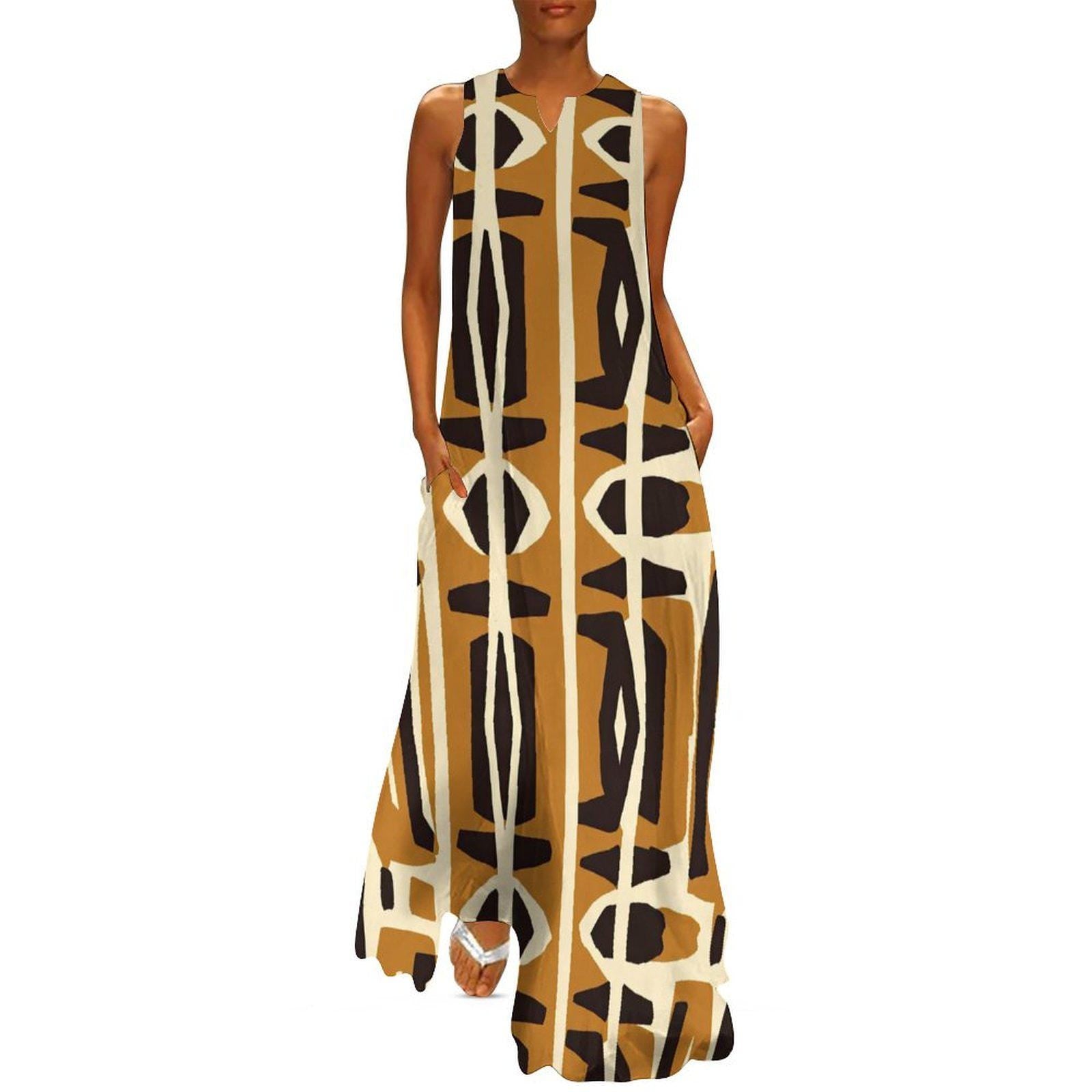 Sands - Womens - Sleeveless Ankle-length Dress - African - Mud cloth Pattern