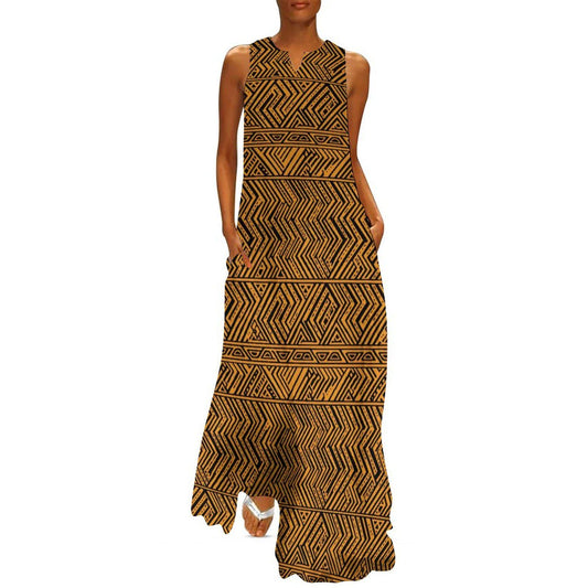 Burnt Sun - Womens - Sleeveless Ankle-length Dress - African Mudcloth Pattern