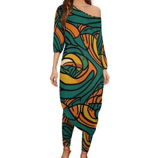 Green Waves - Womens - Shoulder - Kurta - Kurti - Two Piece Set - African Ankara Pattern