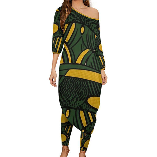 Golden Green - Womens - Shoulder - Kurta - Kurti - Two Piece Set - African - Ankara Pattern