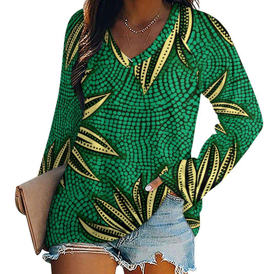 Botanical Green - Women - V- neck Loose Long Sleeve TShirt - African - Ankara Pattern