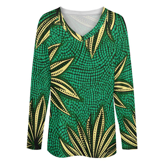 Botanical Green - Women - V- neck Loose Long Sleeve TShirt - African - Ankara Pattern