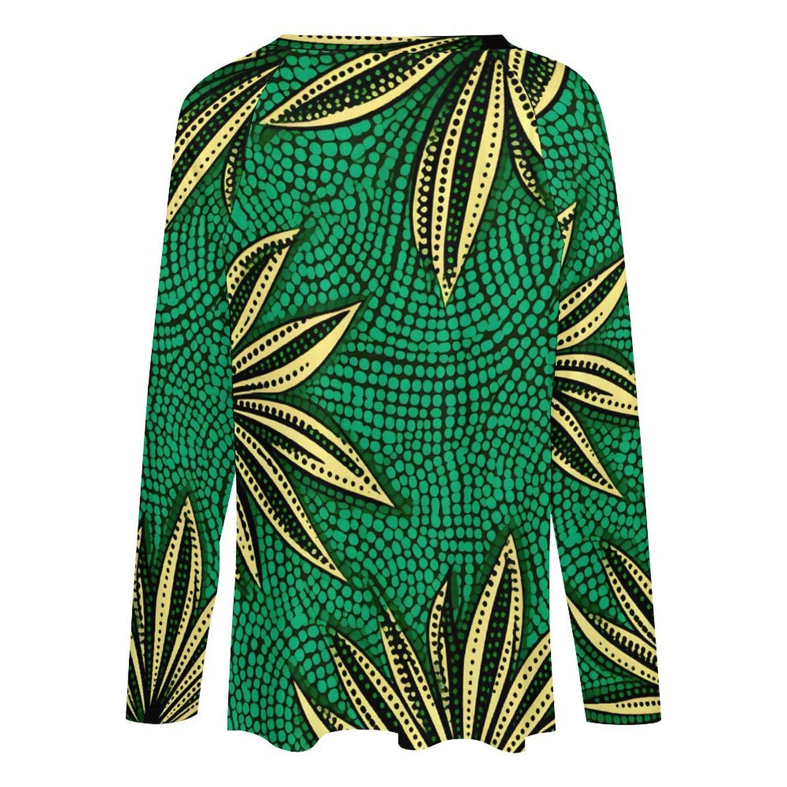 Botanical Green - Women - V- neck Loose Long Sleeve TShirt - African - Ankara Pattern