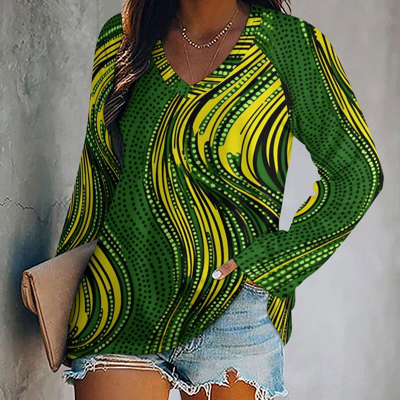 Botanical Green - Women - V- neck Loose Long Sleeve TShirt - African - Ankara Pattern