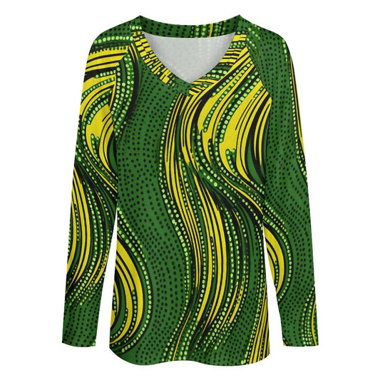 Botanical Green - Women - V- neck Loose Long Sleeve TShirt - African - Ankara Pattern