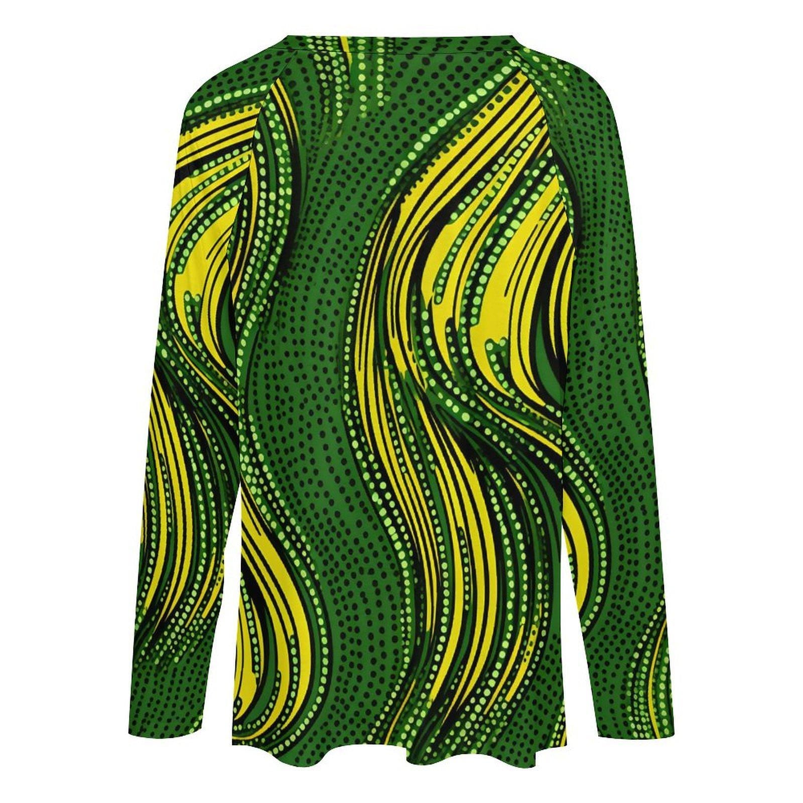 Botanical Green - Women - V- neck Loose Long Sleeve TShirt - African - Ankara Pattern