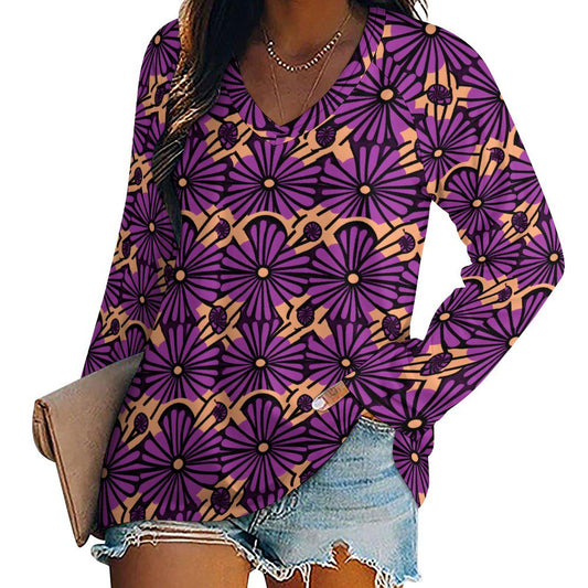 Royal Flower - Womens - V-neck Loose Long Sleeve T-shirt - African - Ankara Pattern