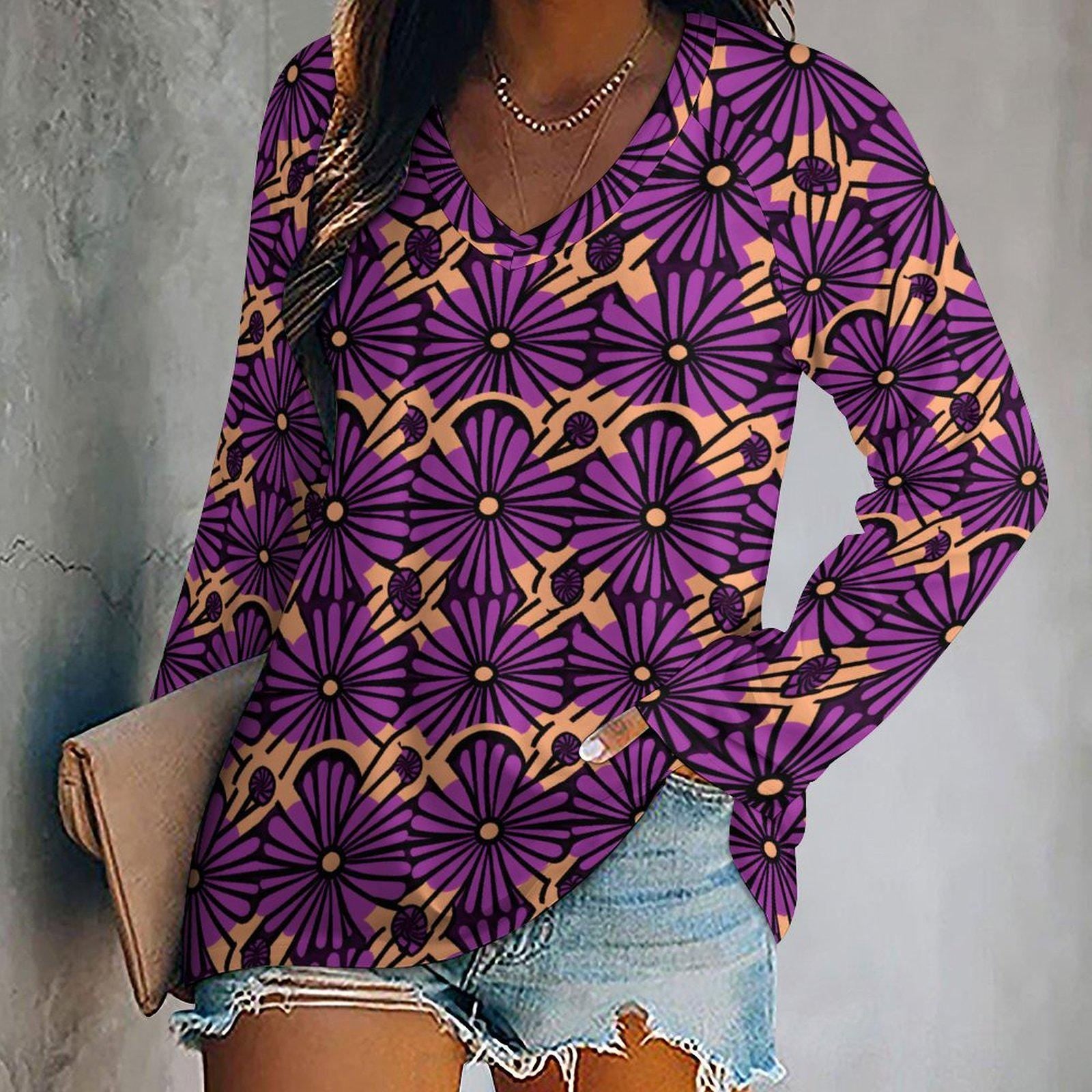 Royal Flower - Womens - V-neck Loose Long Sleeve T-shirt - African - Ankara Pattern