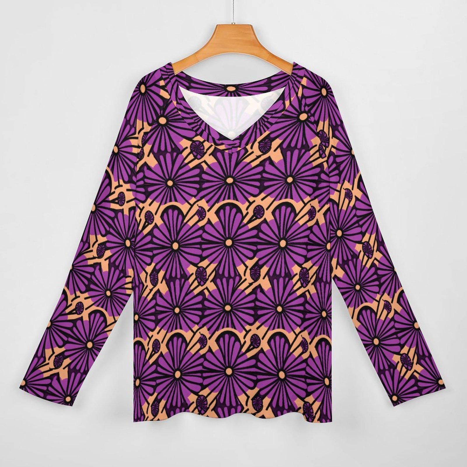 Royal Flower - Womens - V-neck Loose Long Sleeve T-shirt - African - Ankara Pattern