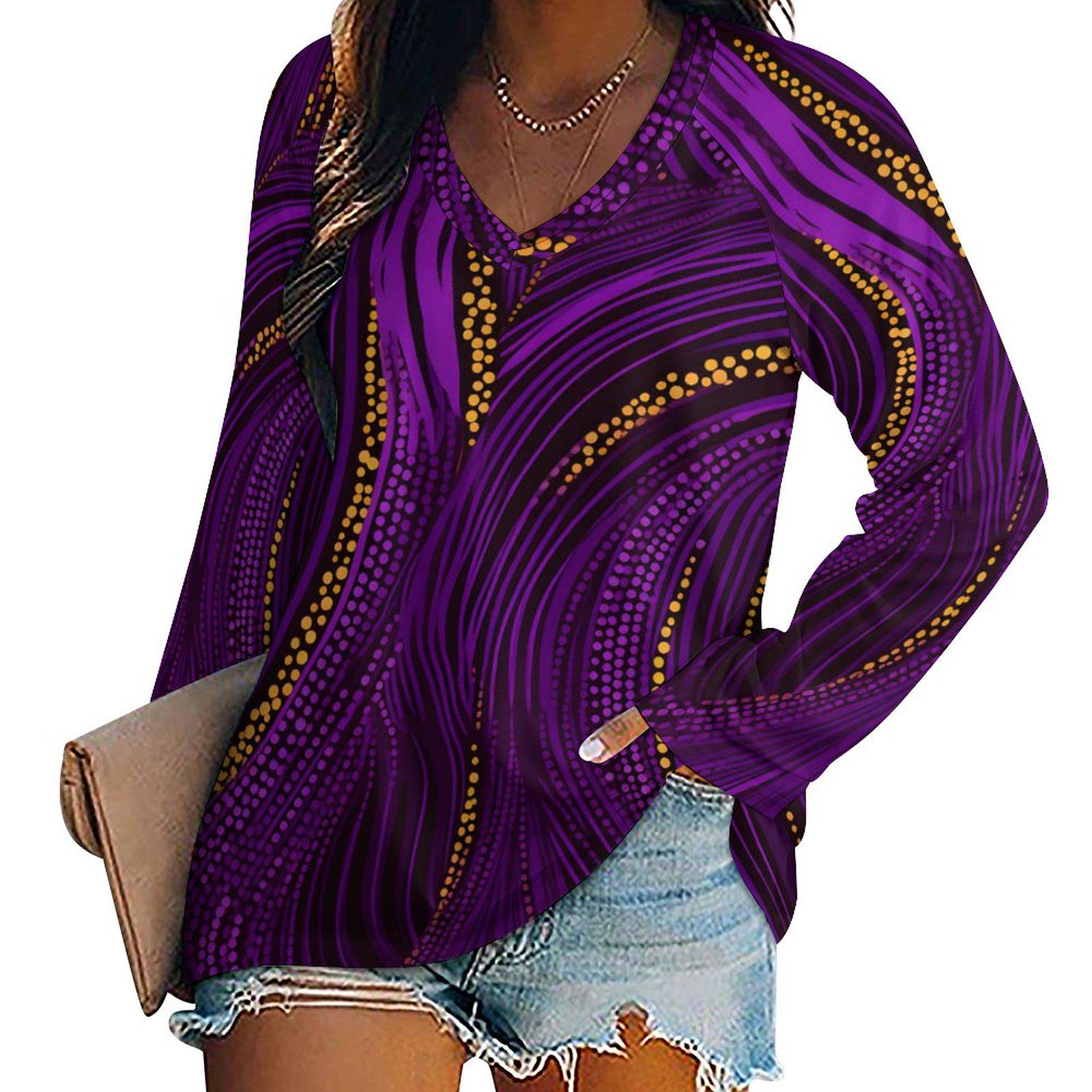 Royal Gold - Womens - V-neck Loose Long Sleeve T-shirt - African Ankara Pattern