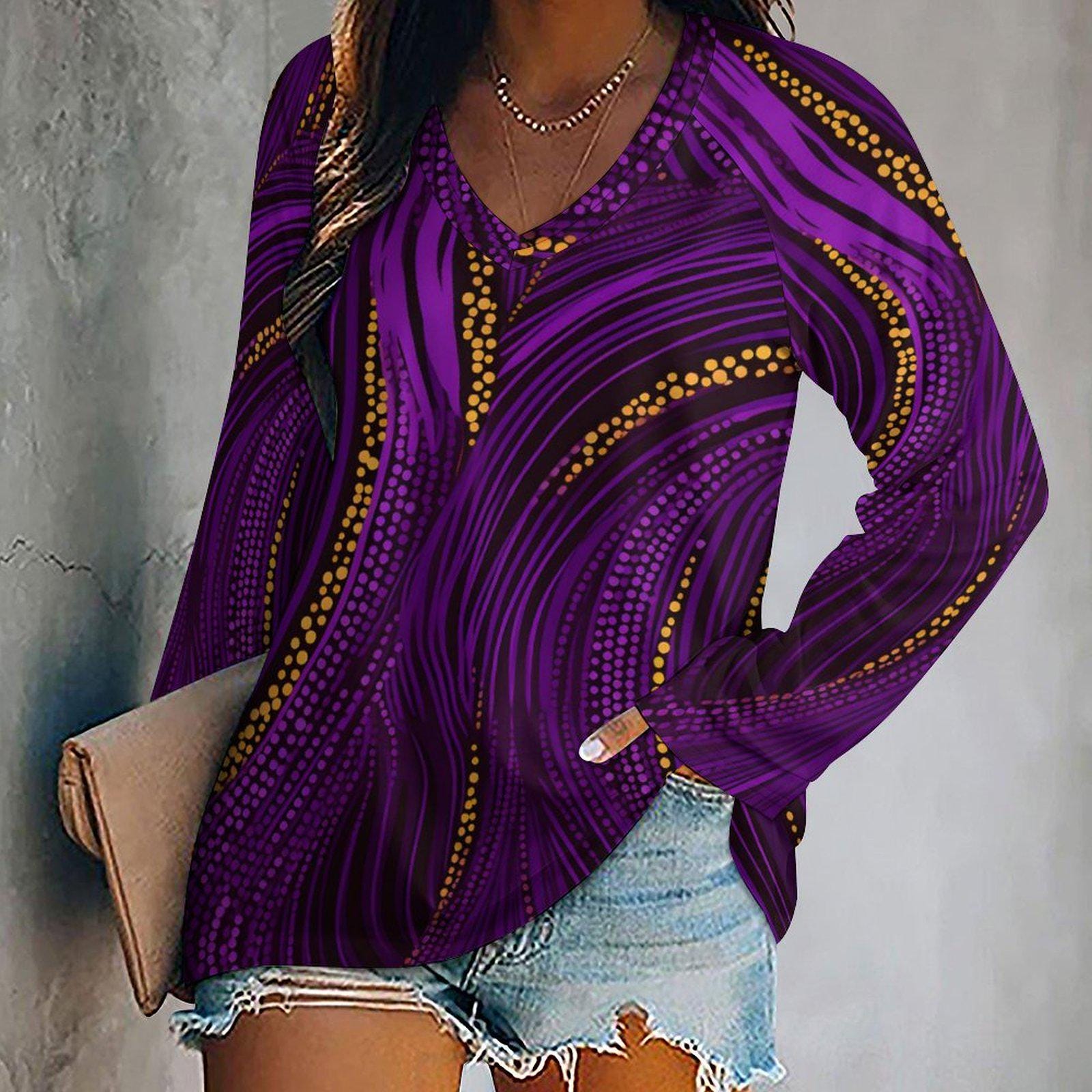 Royal Gold - Womens - V-neck Loose Long Sleeve T-shirt - African Ankara Pattern