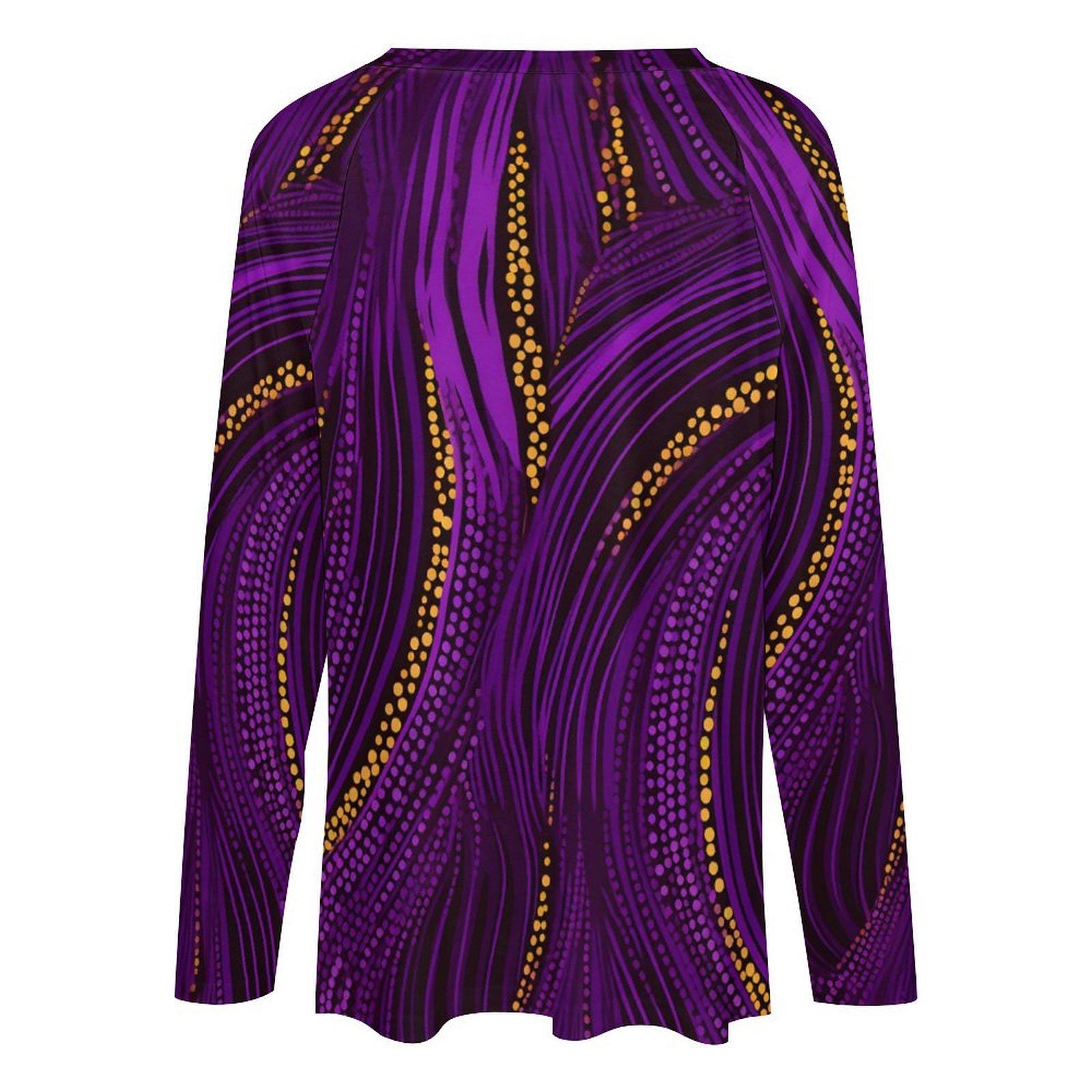 Royal Gold - Womens - V-neck Loose Long Sleeve T-shirt - African Ankara Pattern