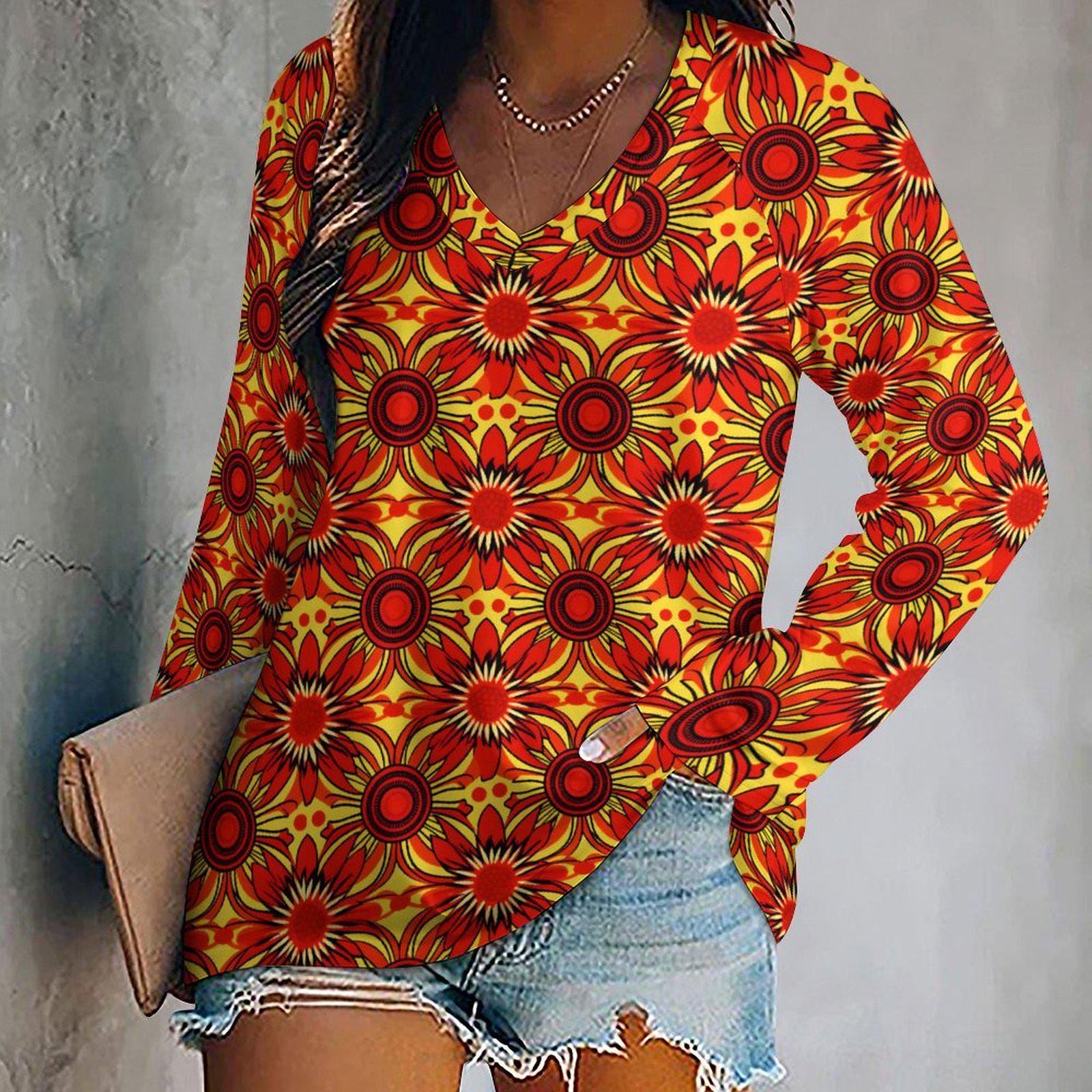 Sun Fire - Womens - V-neck Loose Long Sleeve Shirt - African - Ankara Pattern - T-shirts - KumbatiaKulture