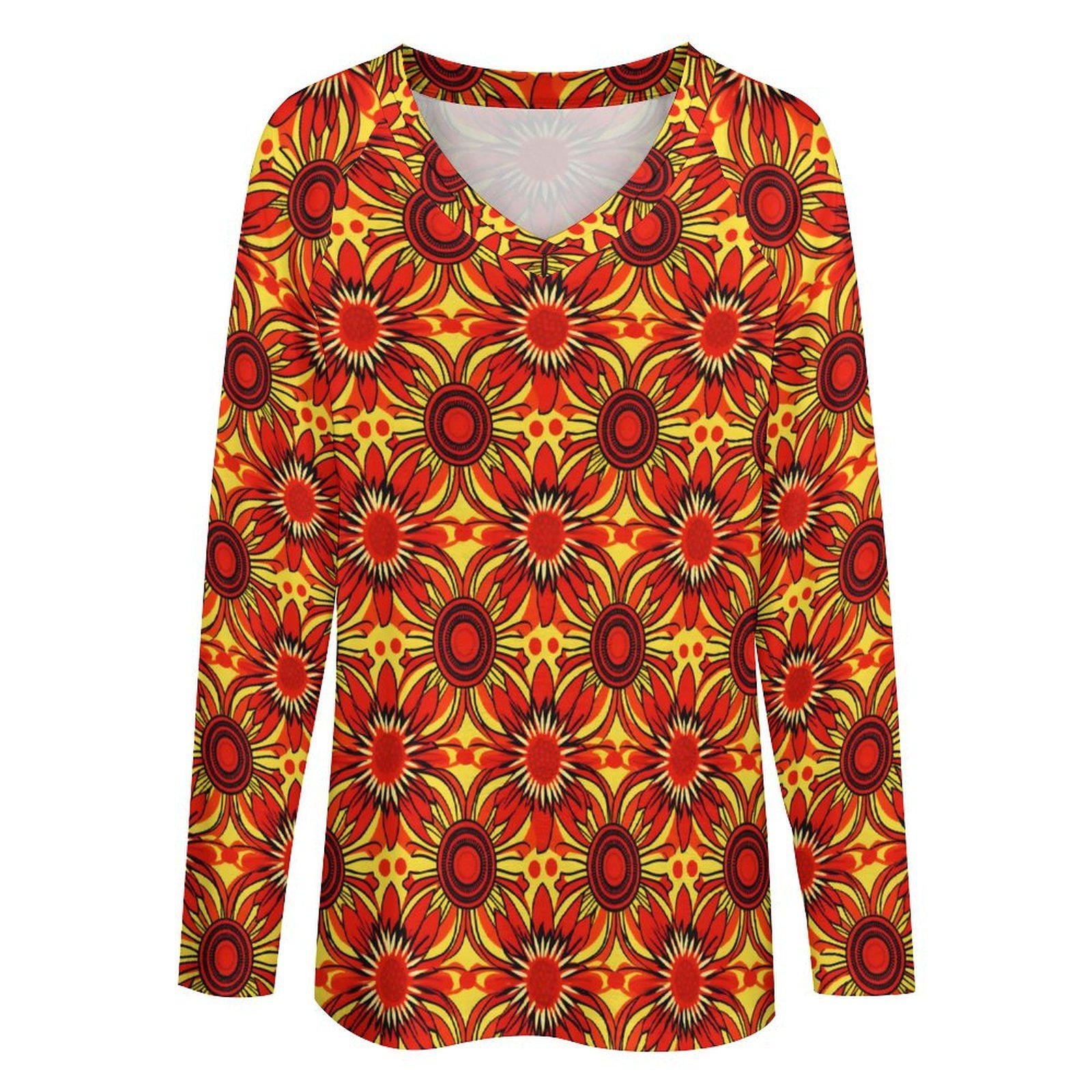 Sun Fire - Womens - V-neck Loose Long Sleeve Shirt - African - Ankara Pattern - T-shirts - KumbatiaKulture