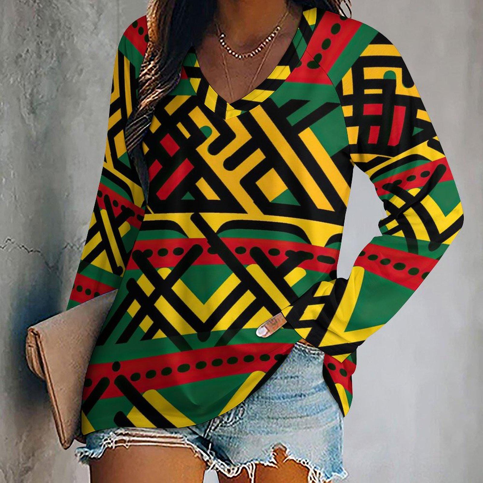 Unity - Womens - V-neck Loose Long Sleeve Shirt - African - Ankara Pattern