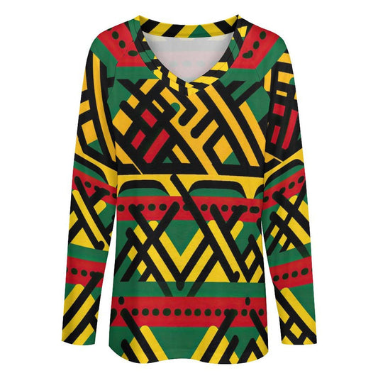 Unity - Womens - V-neck Loose Long Sleeve Shirt - African - Ankara Pattern